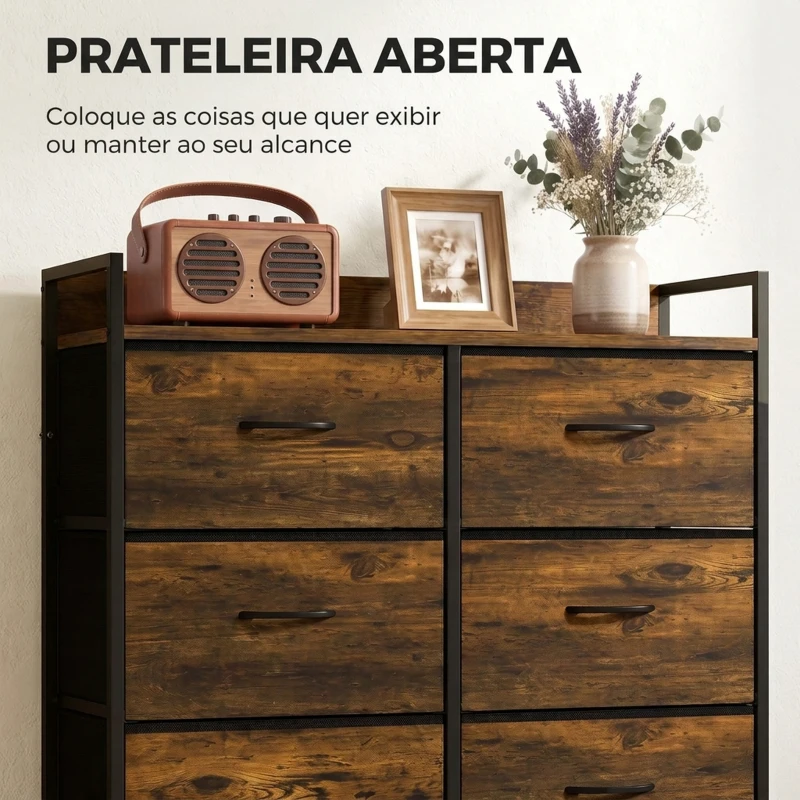 HOMCOM Cómoda de Quarto com 6 Gavetas e Tampo de Madeira / Castanho e Preto