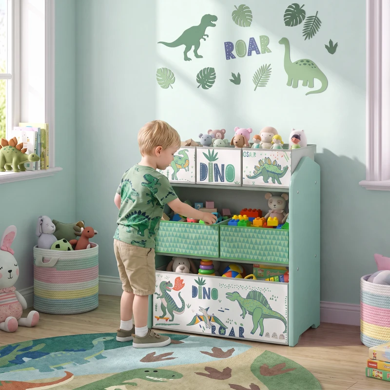 AIYAPLAY Toy Storage Organiser, 3-Tier Wooden Kids Toy Storage Rack with 6 Fabric Storage Bins for Bedroom, Kids Room, Green
