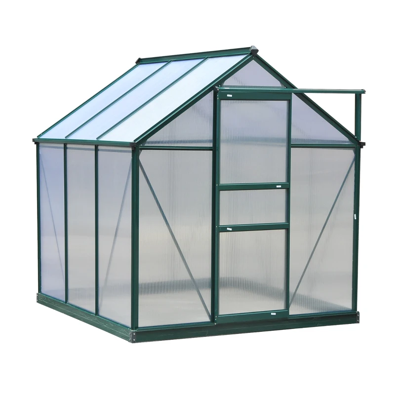 Outsunny Invernadero de Jardín 2x2 m Policarbonato y Aluminio Vivero Casero con Tragaluz Protección UV30 y Base 3,65 m² para Macetas Cultivo Plantas Flores Transparente