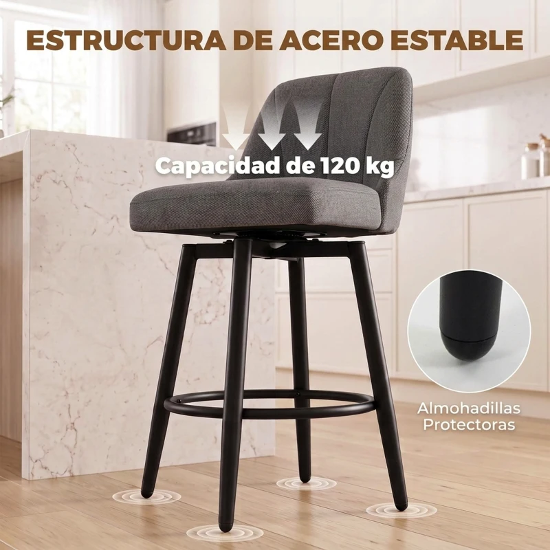 HOMCOM Juego de 2 Taburetes de Bar Giratorios Tapizados en Lino Respaldo y Reposapiés Marco de Acero Gris Oscuro