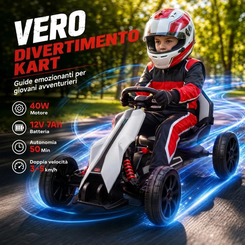 HOMCOM Go Kart Elettrico per Bambini 3-8 Anni, 12V 3-5 km/h, con Cintura di Sicurezza, Capacità 30 kg, Bianco