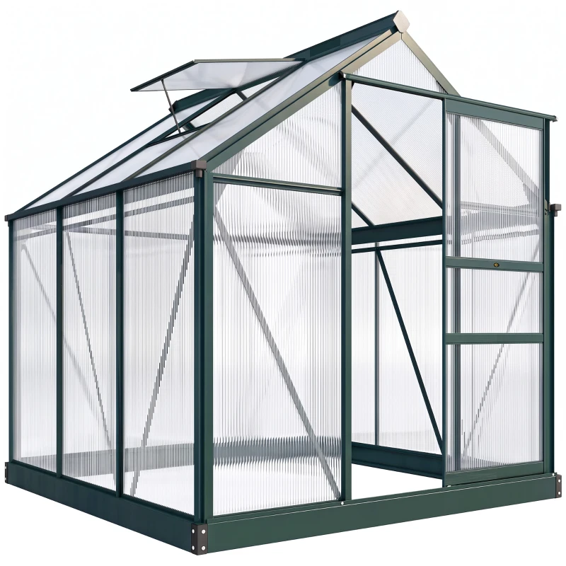 Outsunny Invernadero de Jardín 2x2 m Policarbonato y Aluminio Vivero Casero con Tragaluz Protección UV30 y Base 3,65 m² para Macetas Cultivo Plantas Flores Transparente