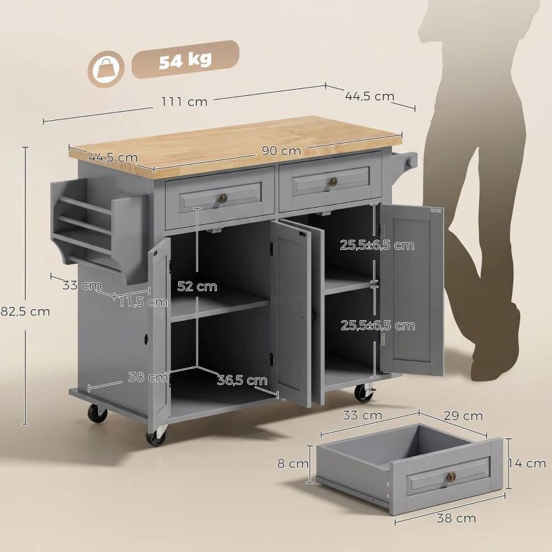 HOMCOM Isla de Cocina con Ruedas Mueble Auxiliar de Cocina con Especiero y Barra Lateral 111x44,5x82,5 cm Gris
