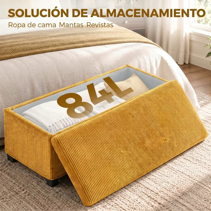 HOMCOM Banco Almacenaje Capacidad de 84 L 112x42x40cm Tapizado en Pana Pie de Cama para Sala de Estar Dormitorio Amarillo