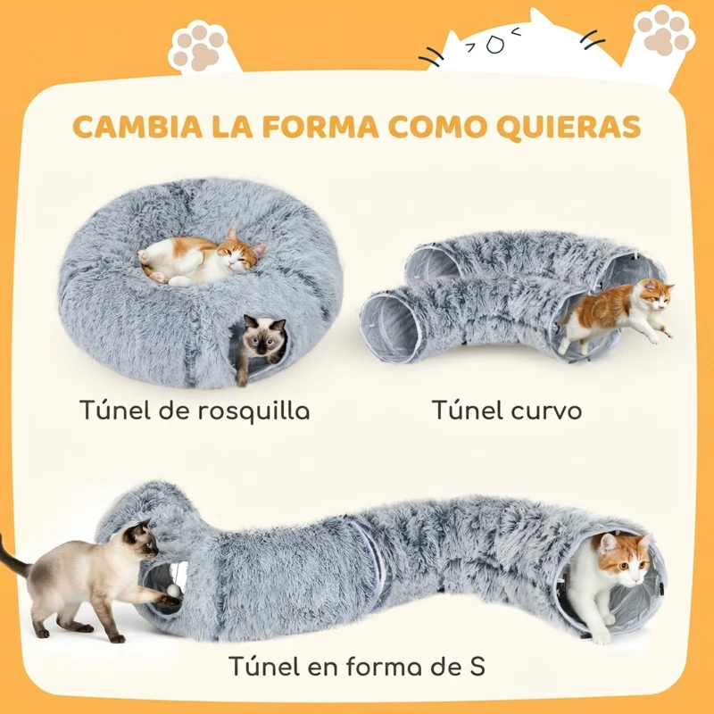 PawHut Túnel para Gatos 3 en 1 Cama Túnel para Gatos Plegable Cojín Lavable Entradas y Bola Colgante 90x80x27 cm Gris Claro
