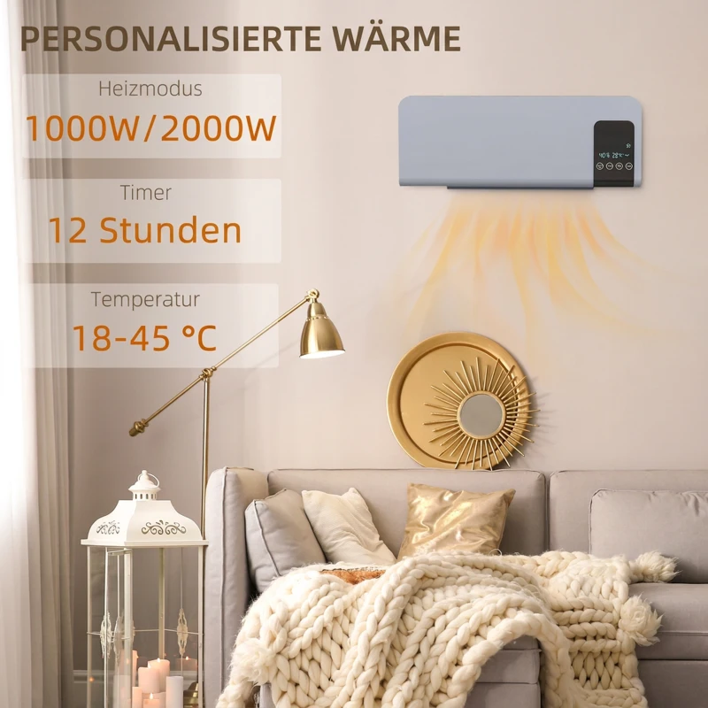 HOMCOM Elektro-Heizung, Wandmontage, Schwingfunktion, 2 Modi, Timer, LED-Anzeige, Grau