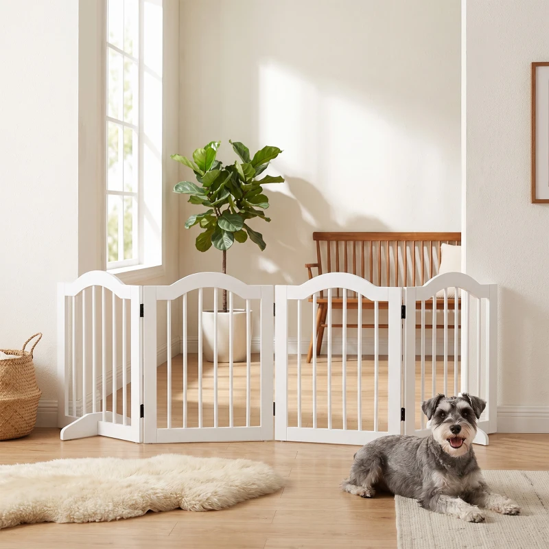 PawHut Barrera de Seguridad Plegable para Perros Pequeños Rejilla de Protección de 4 Paneles con Patas 208x61 cm Blanco