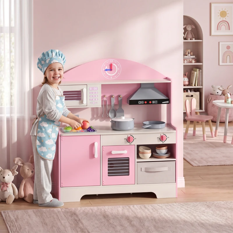 AIYAPLAY Kids Play Kitchen with Lights & Sounds, Pretend Play Toy set with Fabric Drawer, 5-Piece Accessories for 3-6 Years, Pink