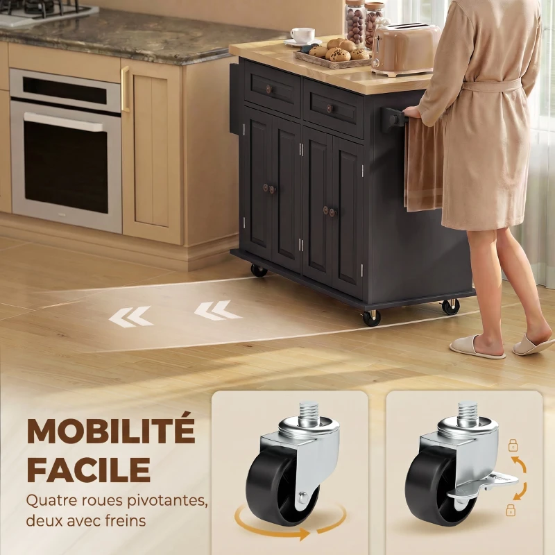 HOMCOM Îlot Central Cuisine avec Plateau en Hévéa, Desserte de Cuisine sur Roulettes avec 2 Tiroirs, 111 x 44,5 x 82,5 cm, Noir