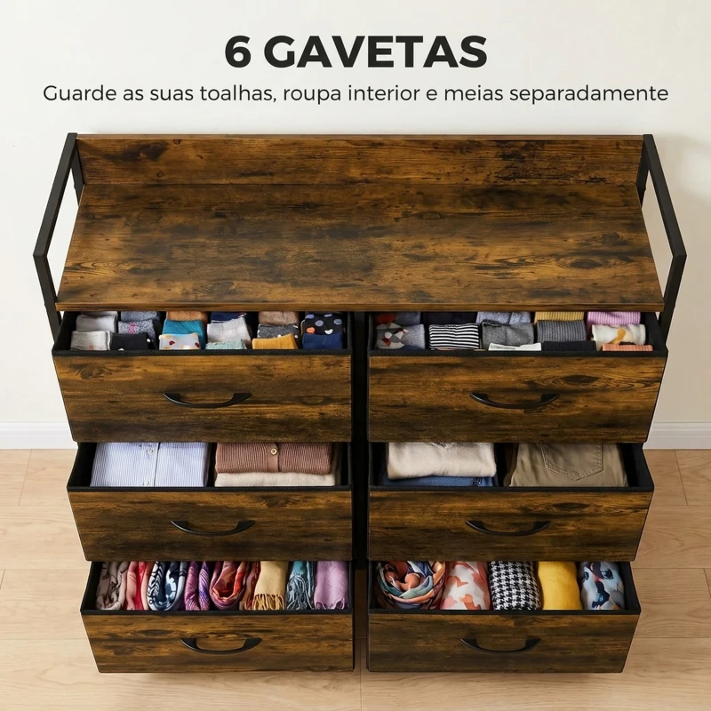 HOMCOM Cómoda de Quarto com 6 Gavetas e Tampo de Madeira / Castanho e Preto