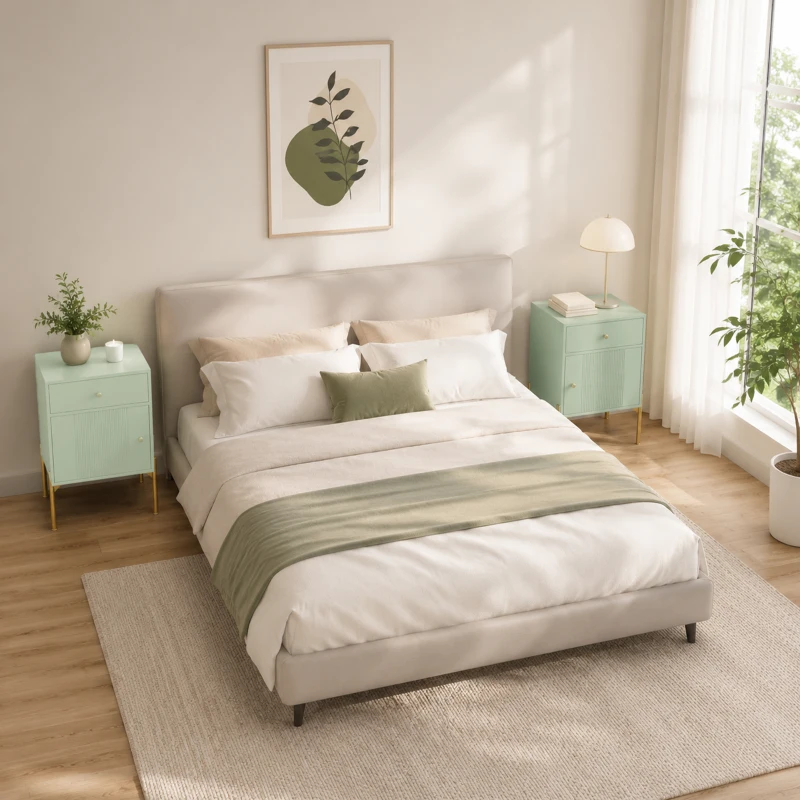 HOMCOM Modern Bedside Tables Set of 2, Side Tables with Drawer and Metal Legs for Living Room, Bedroom, Light Green
