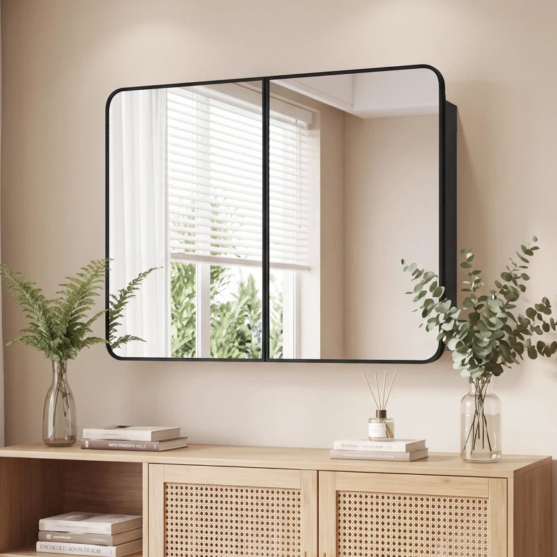 HOMCOM 76.2 x 11.6 x 61 cm Bathroom Mirror Cabinet, Wall Cabinet with Adjustable Shelves, Wall-Mounted or Recessed, Black