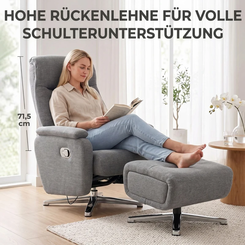 HOMCOM Handmatig verstelbare relaxstoel, loungestoel met hocker, donkergrijs
