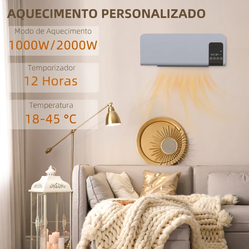 HOMCOM Aquecedor Elétrico de Parede 1000W/2000W com Ecrã LED Controlo Remoto Termostato Temporizador para Áreas de 15-20 m² 54,5x12x21,5 cm Cinzento