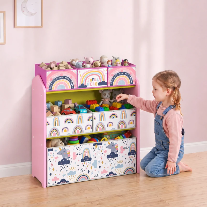 AIYAPLAY Toy Storage Organiser, 3-Tier Wooden Kids Toy Storage Rack with 6 Fabric Storage Bins for Bedroom, Kids Room, Pink