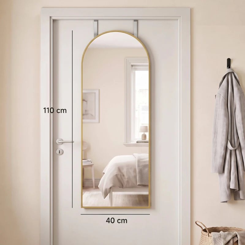 HOMCOM 40 x 110 cm Full Length Hanging Mirror, Arched Mirror with Adjustable Hooks, Over-the-Door or Wall-Mounted, Gold Tone