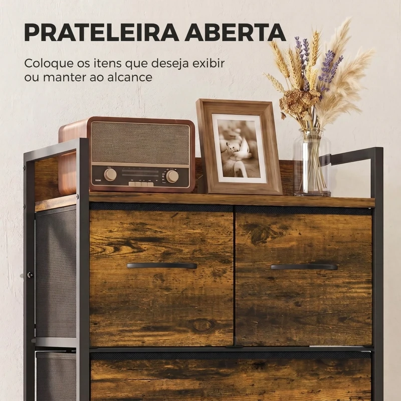 HOMCOM Cómoda com 4 Gavetas em Tecido para Quarto, com Prateleira Superior e Estrutura Metálica, Castanho Rústico