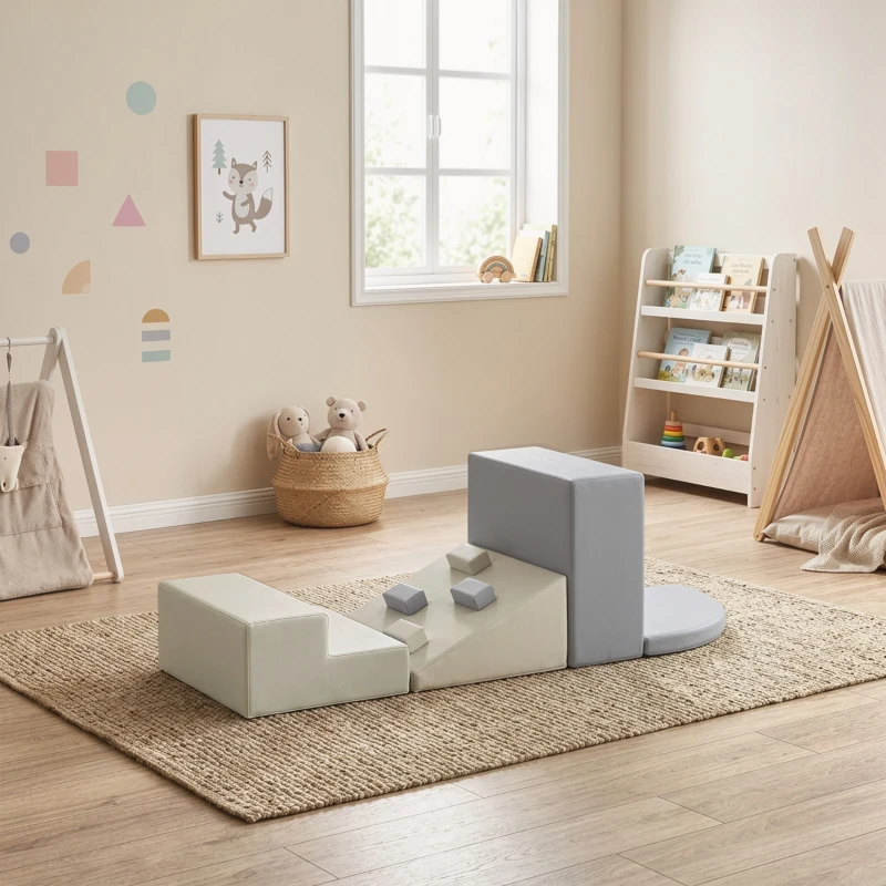 AIYAPLAY Juego de 4 Bloques de Espuma para Niños de Psicomotricidad Tapizados en PU Escalar y Gatear 1-3 Años Gris Claro y Beige