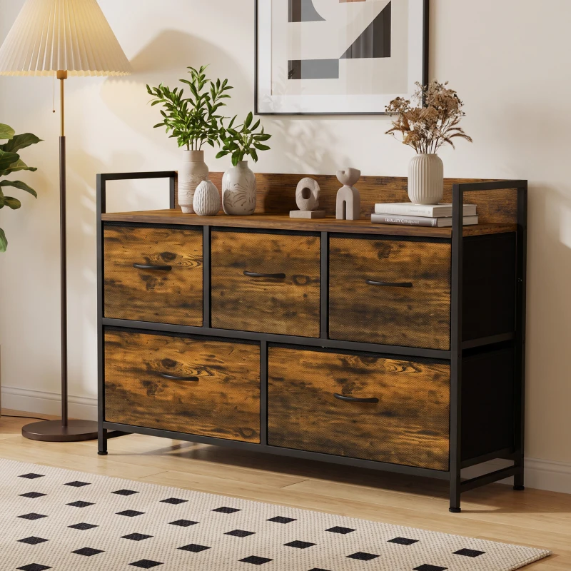 HOMCOM Cómoda de Quarto com 5 Gavetas, Cómoda em Tecido com Tampo de Madeira, Castanho e Preto