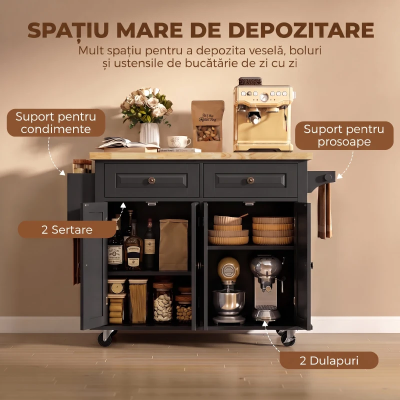 HOMCOM insulă de bucătărie cu roți și sertare, 111 x 44,5 x 82,5 cm, negru