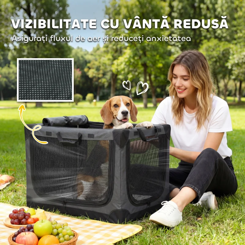 PawHut Cușcă de Transport Pliabilă pentru Câini și Pisici, din Oxford Respirabil 600D, 76x54x54 cm, Galben-Verzui