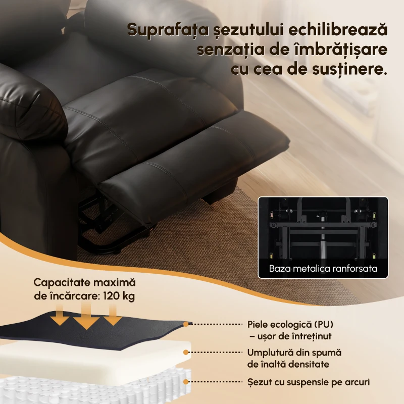 HOMCOM Fotoliu Rulant Electric de Masaj cu Încălzire, Ridicare Asistată și Port USB, Piele PU, Negru