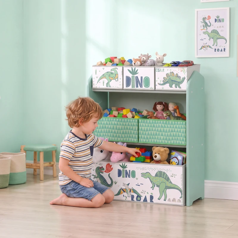 AIYAPLAY Toy Storage Organiser, 3-Tier Wooden Kids Toy Storage Rack with 6 Fabric Storage Bins for Bedroom, Kids Room, Green