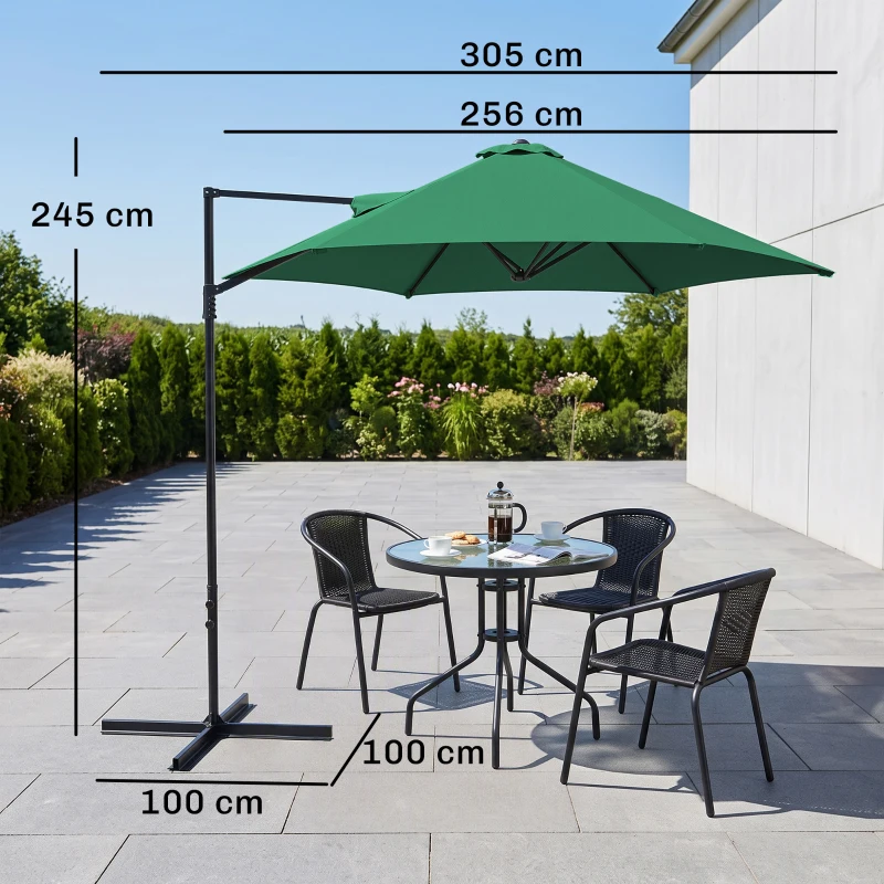 Outsunny 2.5M Garden Cantilever Parasol, Offset Roma Patio Umbrella Hanging Sun Shade Canopy Shelter with 360° Rotation and Cross Base, Green