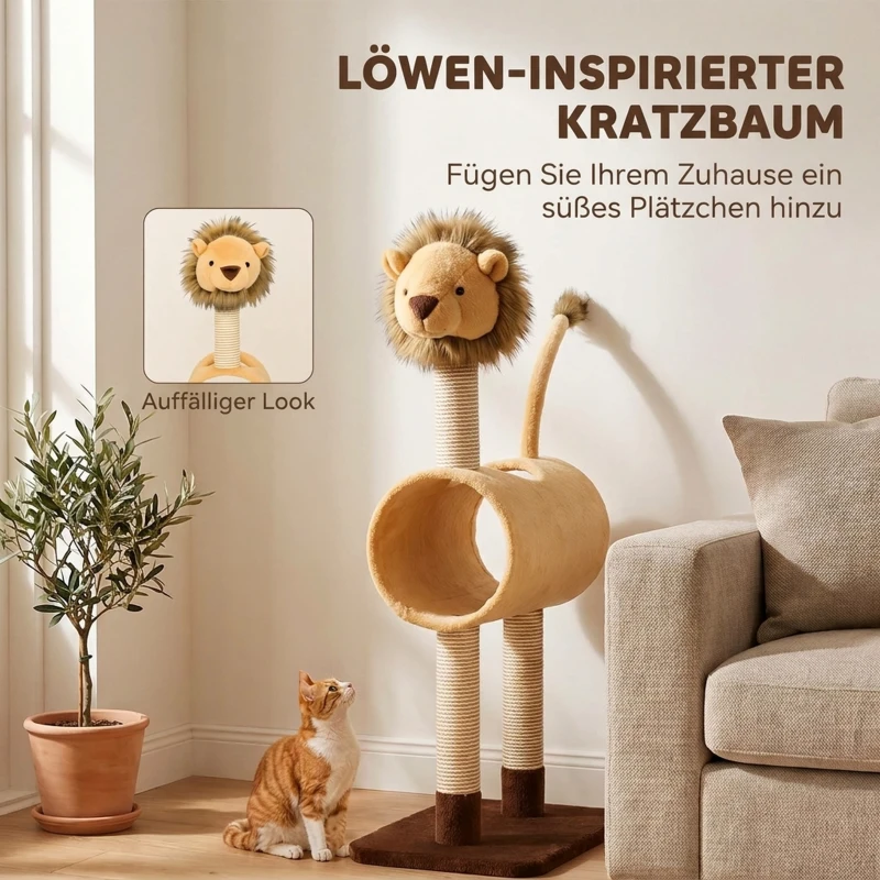 PawHut Krabpaal 104 cm, kattenboom in leeuwdesign met krabpalen, tunnel en hangende staart, voor katten tot 7 kg, lichtbruin