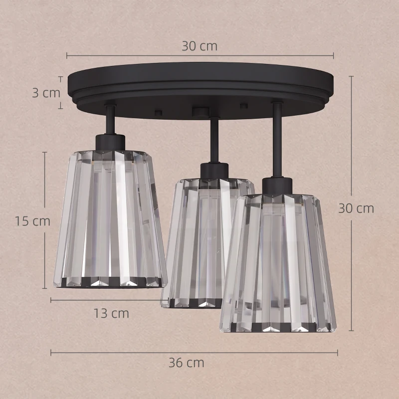 HOMCOM 3-Light Crystal Glass Ceiling Light, Triple Head with Dual Mounting, Modern Ceiling Lamp for Living Room, Black