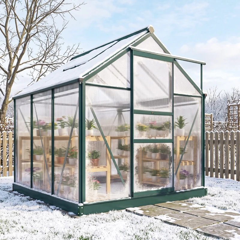 Outsunny Invernadero de Jardín 2x2 m Policarbonato y Aluminio Vivero Casero con Tragaluz Protección UV30 y Base 3,65 m² para Macetas Cultivo Plantas Flores Transparente