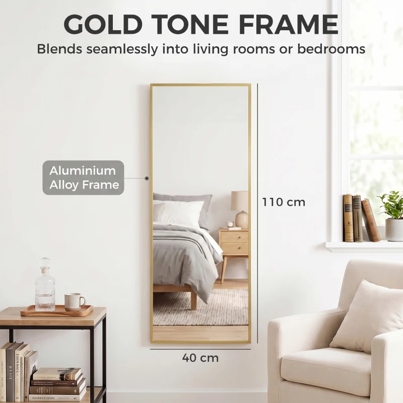 HOMCOM 40 x 110 cm Full Length Wall Mirror, Rectangular Mirror with Adjustable Hooks, Over the Door or Wall Mounted, Gold Tone