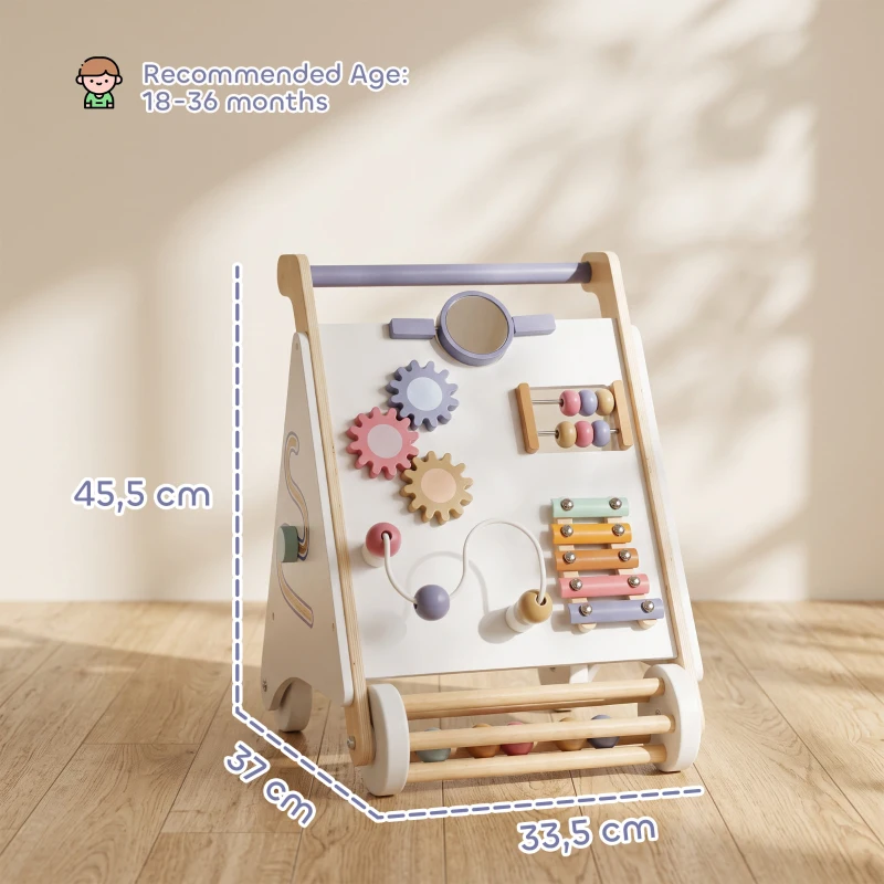 AIYAPLAY Andador de Madeira para Bebé com Brinquedos Montessori, Velocidade Ajustável e Arrumação, Branco