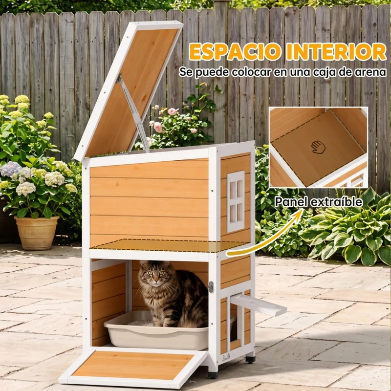 PawHut Caseta para Gatos de Madera Exterior de 2 Niveles con Techo Abatible Panel Central Extraíble 51x51x81,3 cm Natural
