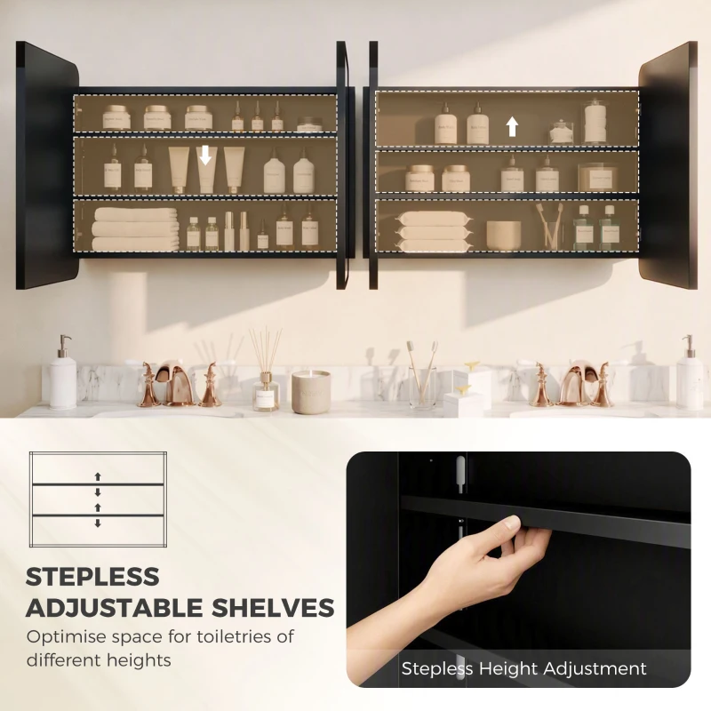 HOMCOM 76.2 x 11.6 x 61 cm Bathroom Mirror Cabinet, Wall Cabinet with Adjustable Shelves, Wall-Mounted or Recessed, Black