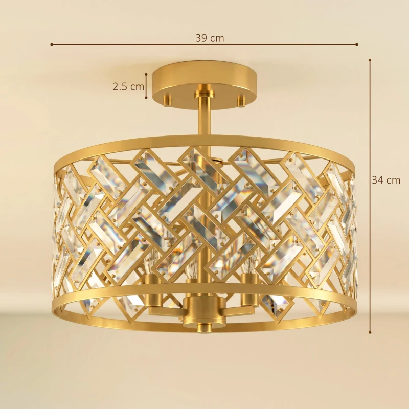 HOMCOM 3-Light Crystal Glass Ceiling Light, Modern Ceiling Lamp w/ 3 E14 Sockets for Living Room, Bulb Not Included, Gold Tone