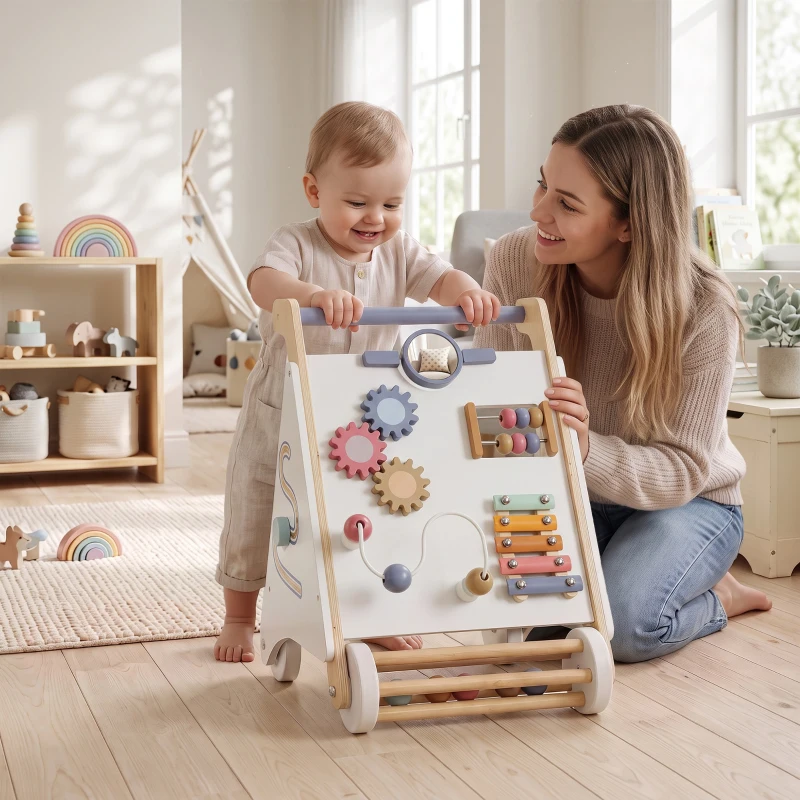 AIYAPLAY Wooden Baby Walker, Montessori Push Along Toy with 5 Blocks and Xylophone Mallet, Adjustable Speed for Toddlers 1.5-3Y