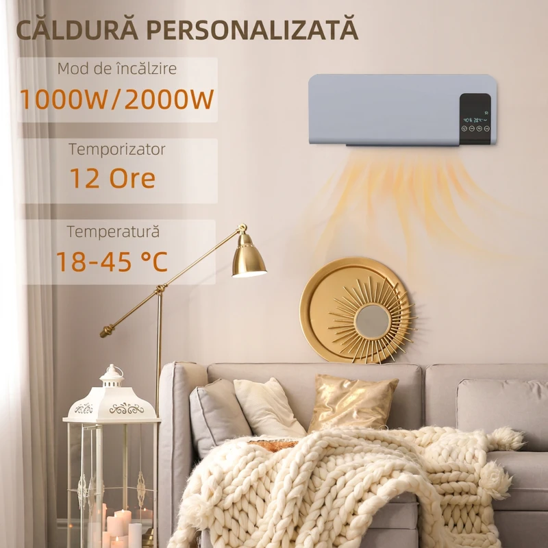HOMCOM Ventilator Termic de Perete Oscilant cu Telecomandă, Temporizator 12h și 2 Moduri, 54.5x12x21.5 cm, Gri
