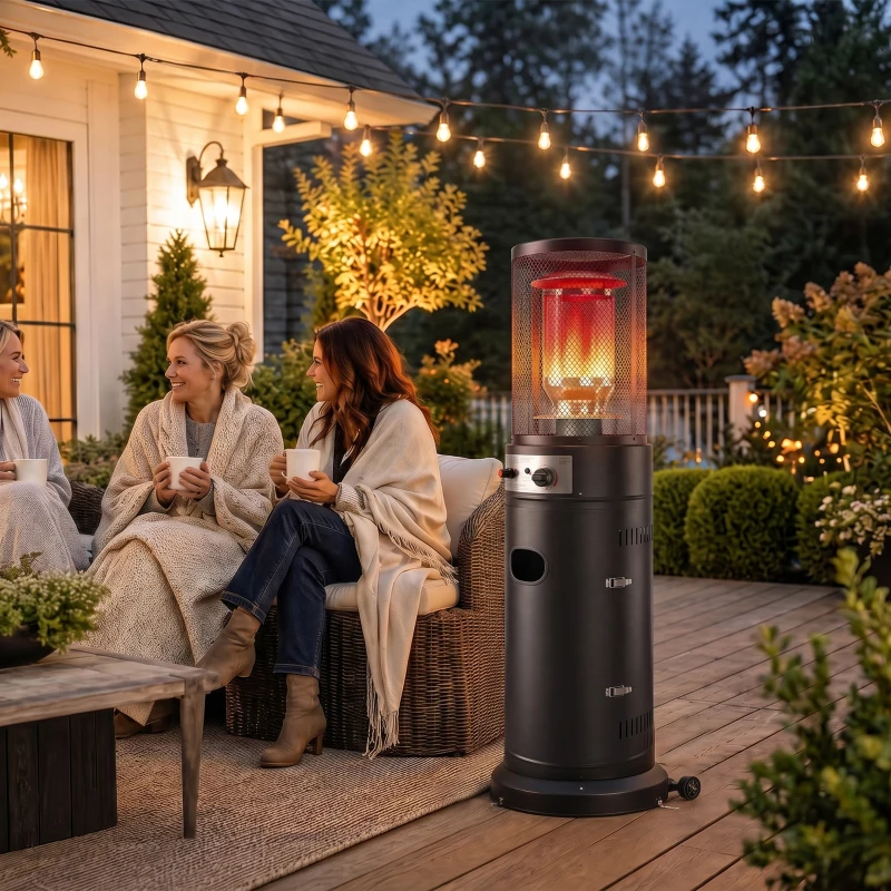 Outsunny Aquecedor de Gás para Pátio 11 kW Estufa de Exterior Portátil a Propano com Grelha de Proteção e Sistema Antitombo Preto