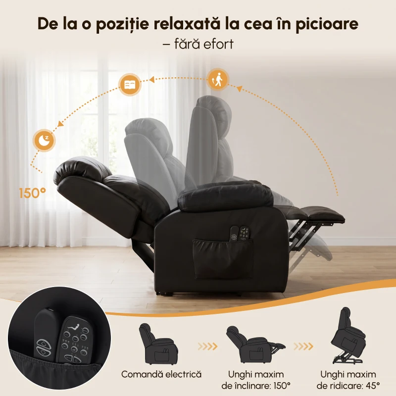 HOMCOM Fotoliu Rulant Electric de Masaj cu Încălzire, Ridicare Asistată și Port USB, Piele PU, Negru