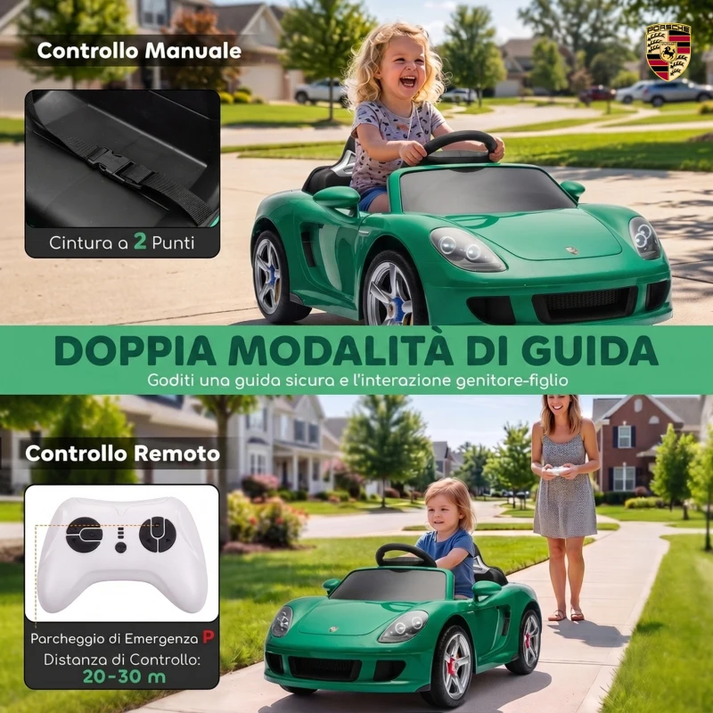 AIYAPLAY Auto Elettrica Bambini Porsche Carrera GT 12V con Telecomando, 2 Motori, Sospensioni e Porte Apribili, Verde