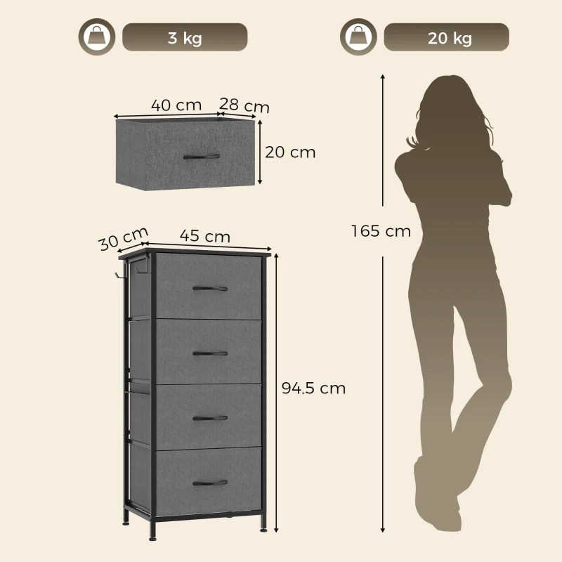 HOMCOM Chest of Drawers, Dresser with 4 Fabric Drawers, 4 Pockets, 2 Hooks and Steel Frame, Storage Unit, Grey