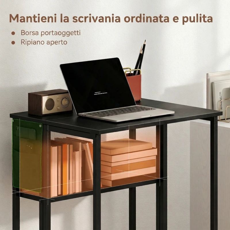 HOMCOM Scrivania Pieghevole con Ripiano Aperto e Tasca Laterale, in Legno e Acciaio, 63x50x75 cm, Nero