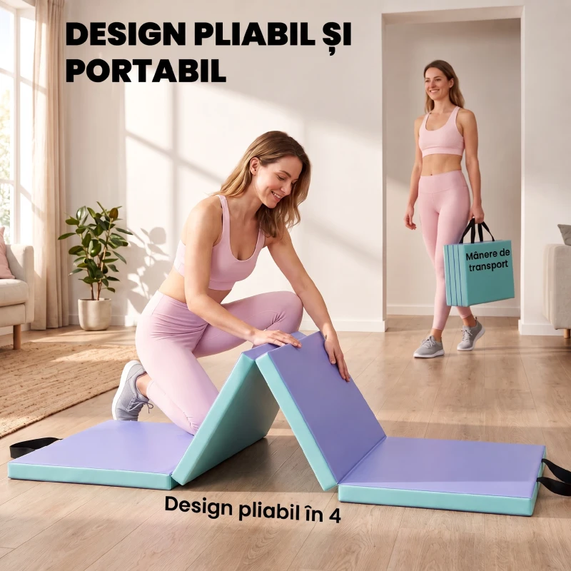 SPORTNOW Saltea de Fitness Pliabilă și Căptușită cu 2 Mânere, din Plastic și EPE, 180x60x5 cm, Verde și Violet