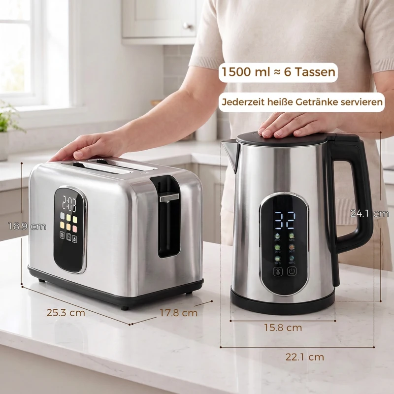 HOMCOM Waterkoker van 1,5 l, 2200 W, met led-touchscreen, 2-sleuven broodrooster met 6 bruiningsstanden, zilver