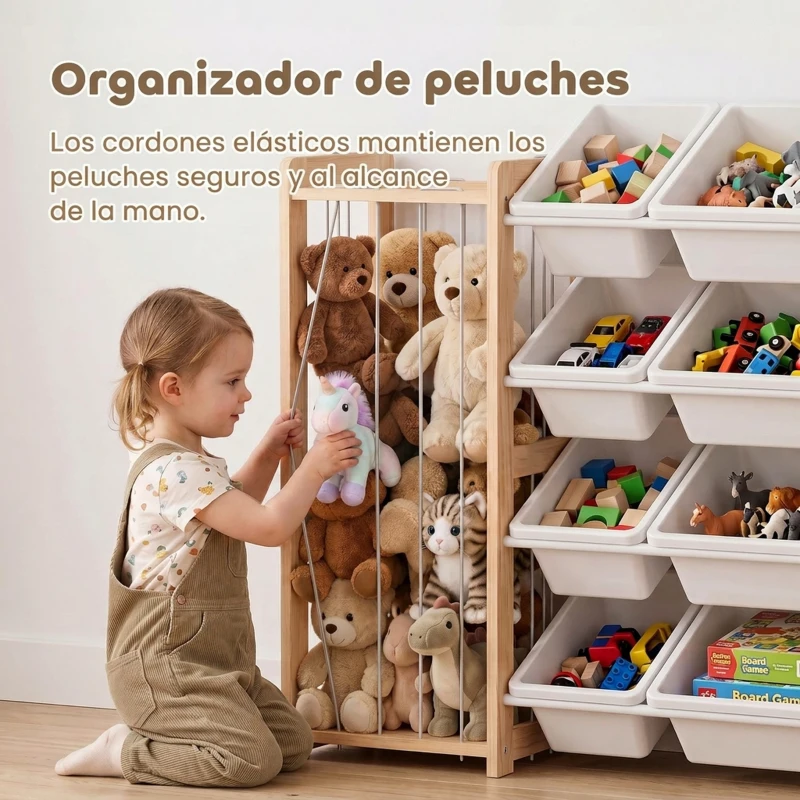 AIYAPLAY Estantería Infantil de Juguetes de Madera con 12 Cajas Organizador de Peluches 3 Estantes 146x39,5x88 cm Natural