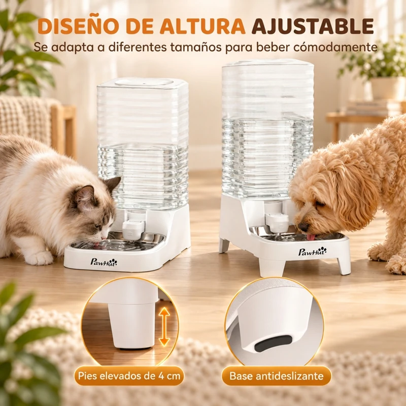 PawHut Dispensador de Agua Automático por Gravedad para Perros y Gatos 8 L Boquilla Abatible Cuenco de Acero Inoxidable Blanco