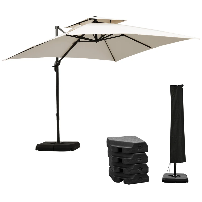 Outsunny Ombrellone a Sbalzo a Doppia Copertura con Manovella, Base a Croce e Pesi, 268x268x265 cm, Beige
