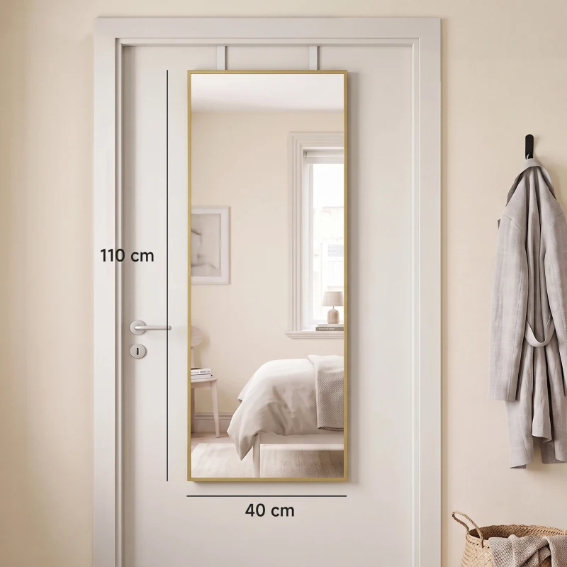 HOMCOM 40 x 110 cm Full Length Wall Mirror, Rectangular Mirror with Adjustable Hooks, Over the Door or Wall Mounted, Gold Tone