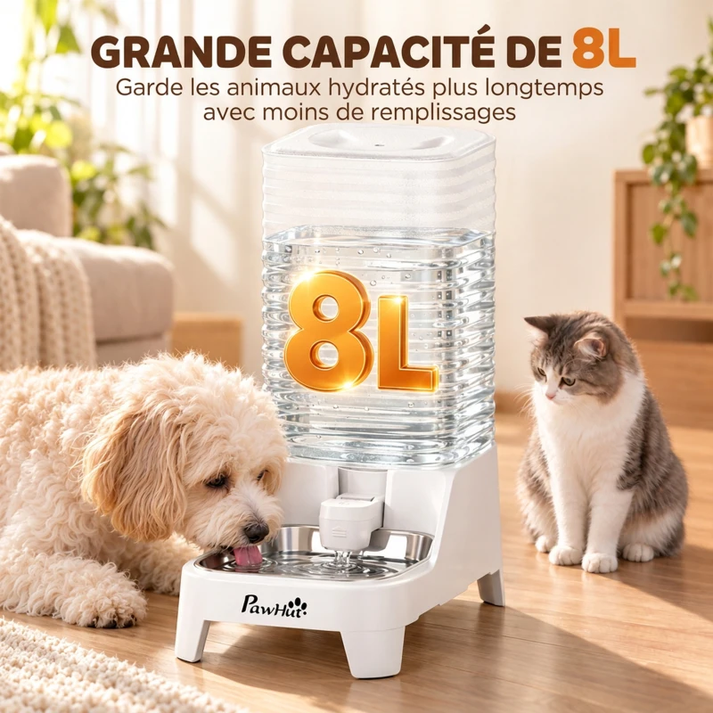 PawHut Distributeur d'Eau Automatique pour Chiens et Chats 8L Robinet Breveté Bol Acier Inox sans BPA 19,3x32,8x43,4cm Blanc